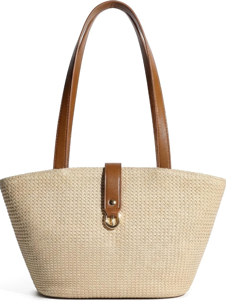 Straw Tote Bag For Women, Woven Raffia Straw Purse, Boho Beach Bag With Pu Handl